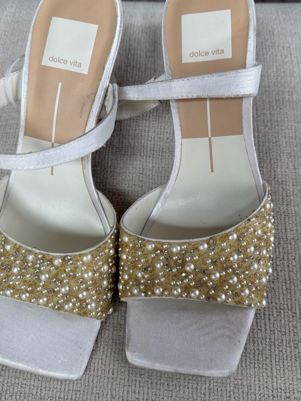 Dolce Vita Silver Sandals with Gold Pearl-Beaded Strap